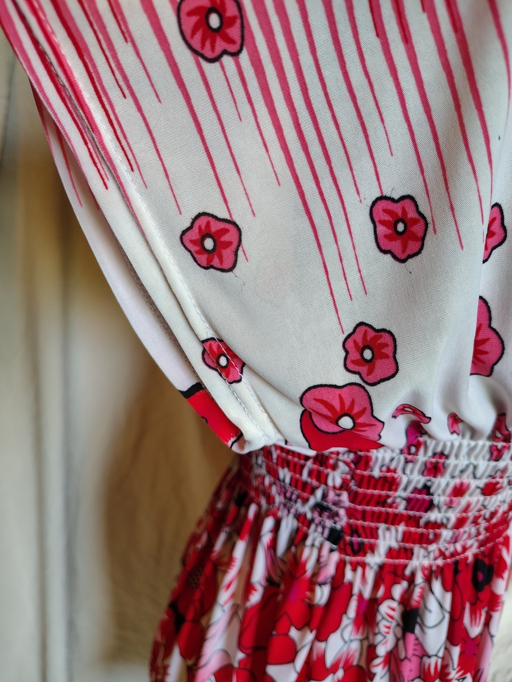 FC Factory Connection Floral Red & Pink Smock Waist Sundress Drawstring Sleeves - Picture 7 of 10